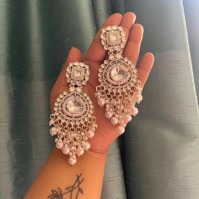 Tehzeeb Creations White Gold Trending Style Drop & Danglers Earring For Girls & Women Diamond, Pearl Brass Drops