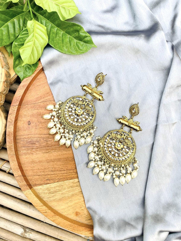 Tehzeeb Creations Traditional Gold-Polished White Kundan Pearl Drop Chandbali Earring For Women/Girls