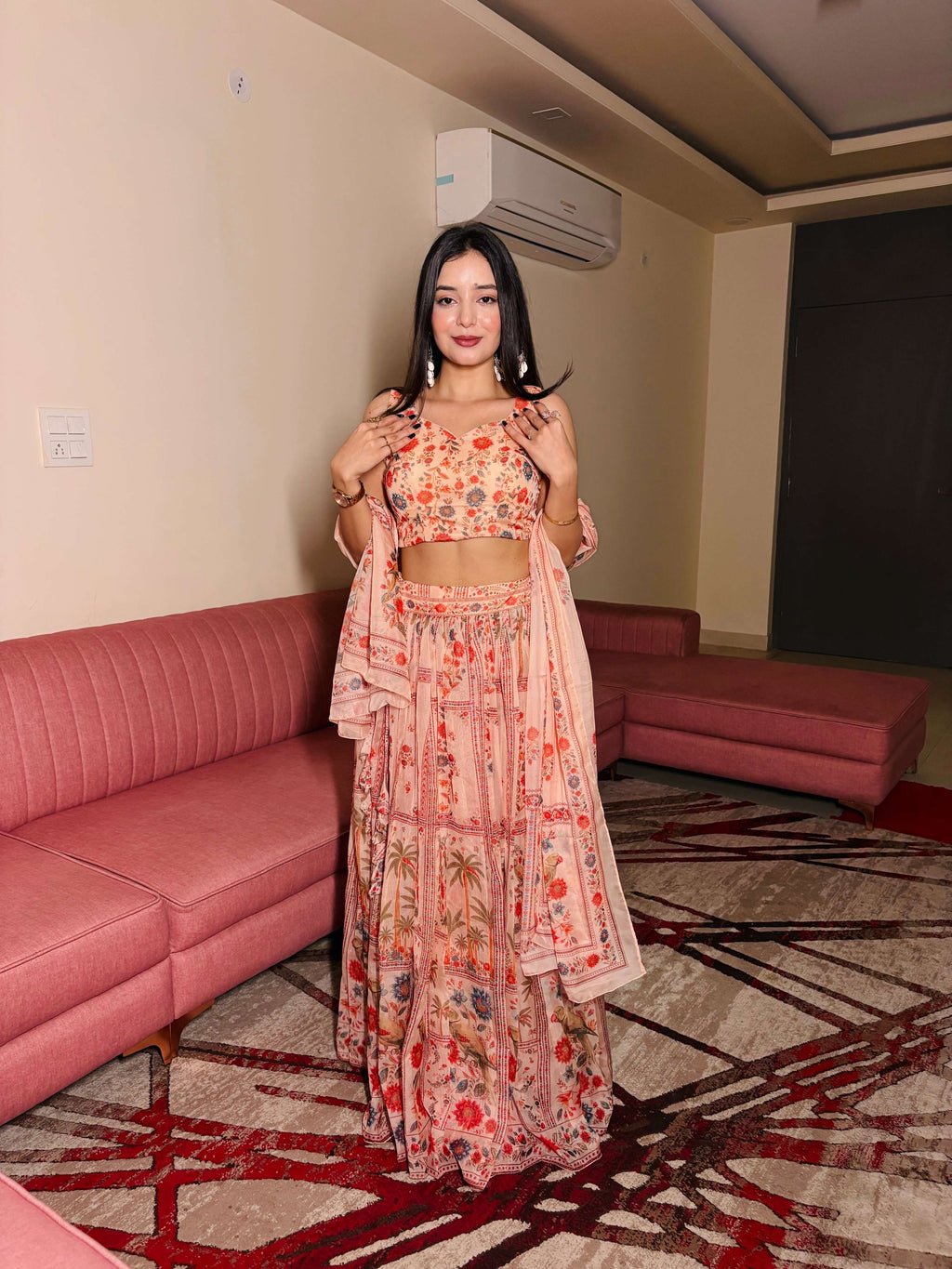 Lorenvalley Fashion Peach Organza with Floral Print Design Lehenga Choli with Dupatta