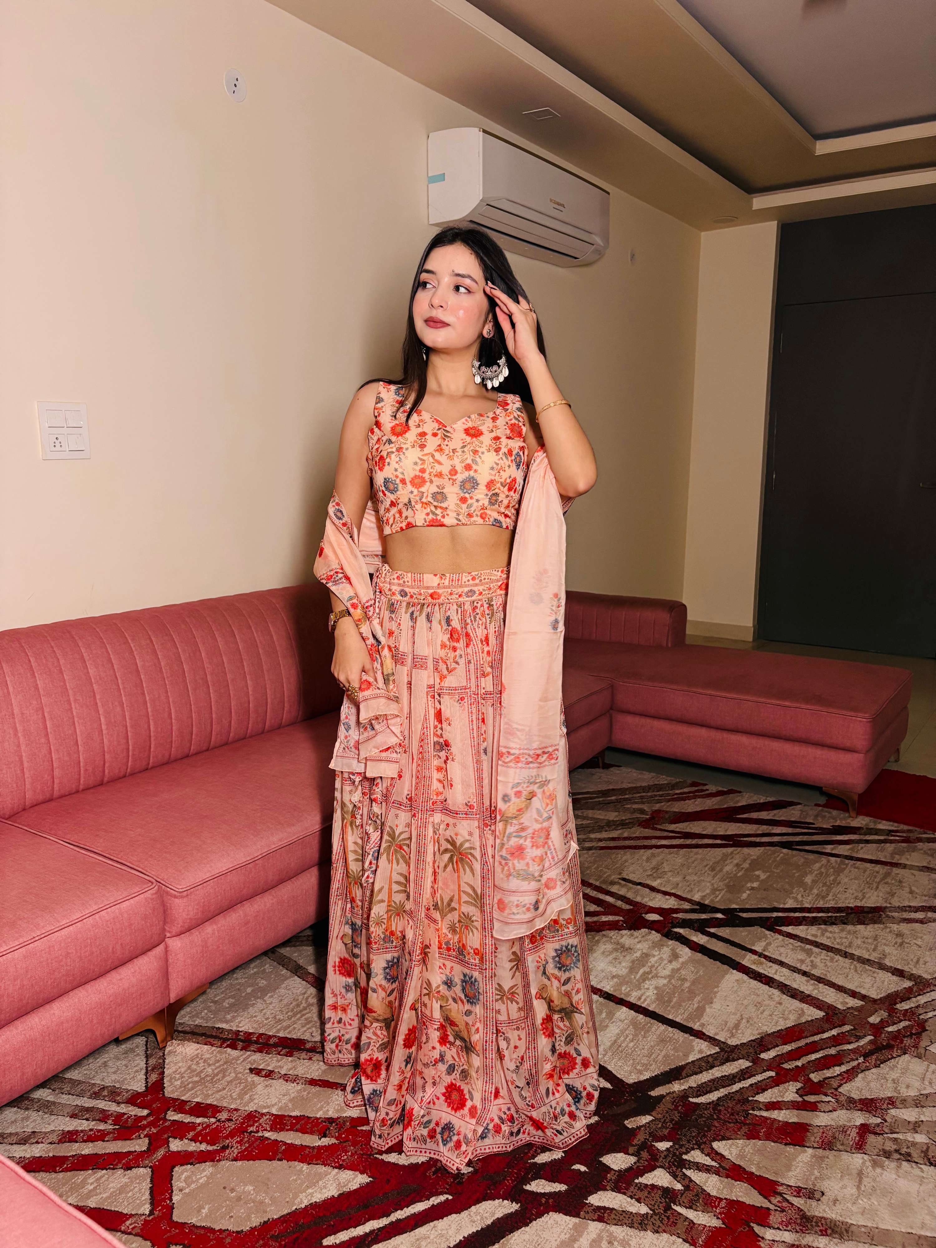 Lorenvalley Fashion Peach Organza with Floral Print Design Lehenga Choli with Dupatta