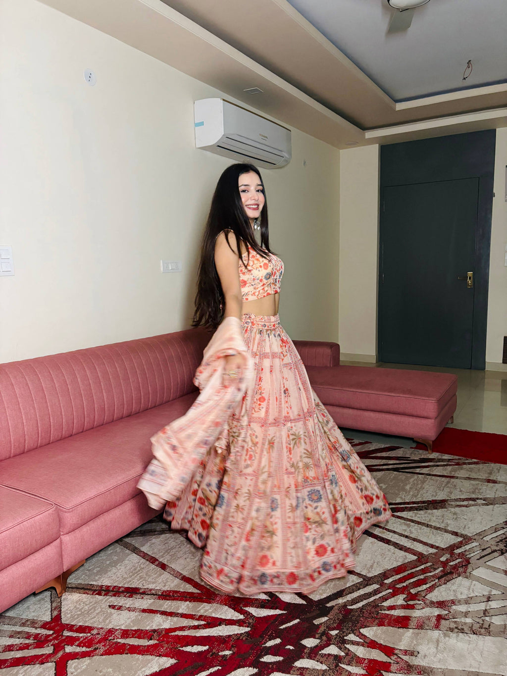 Lorenvalley Fashion Peach Organza with Floral Print Design Lehenga Choli with Dupatta