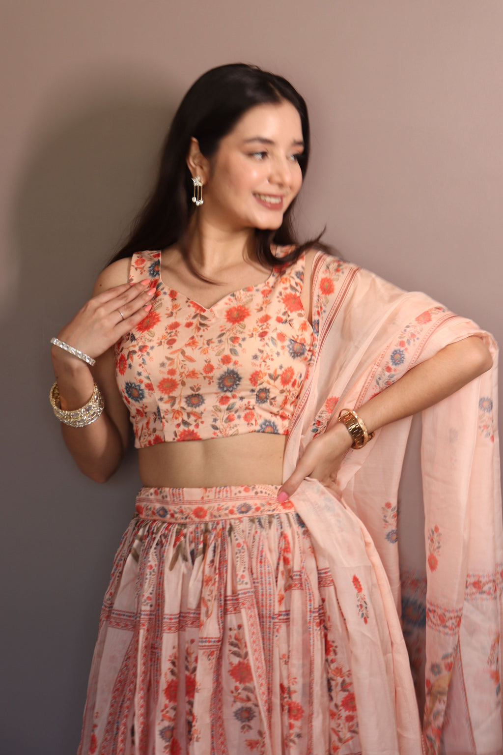 Lorenvalley Fashion Peach Organza with Floral Print Design Lehenga Choli with Dupatta