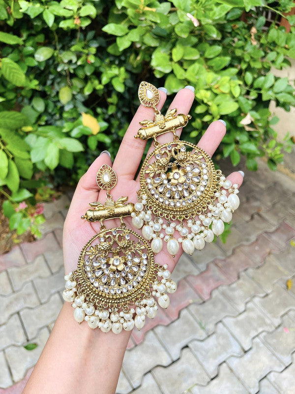 Tehzeeb Creations Traditional Gold-Polished White Kundan Pearl Drop Chandbali Earring For Women/Girls