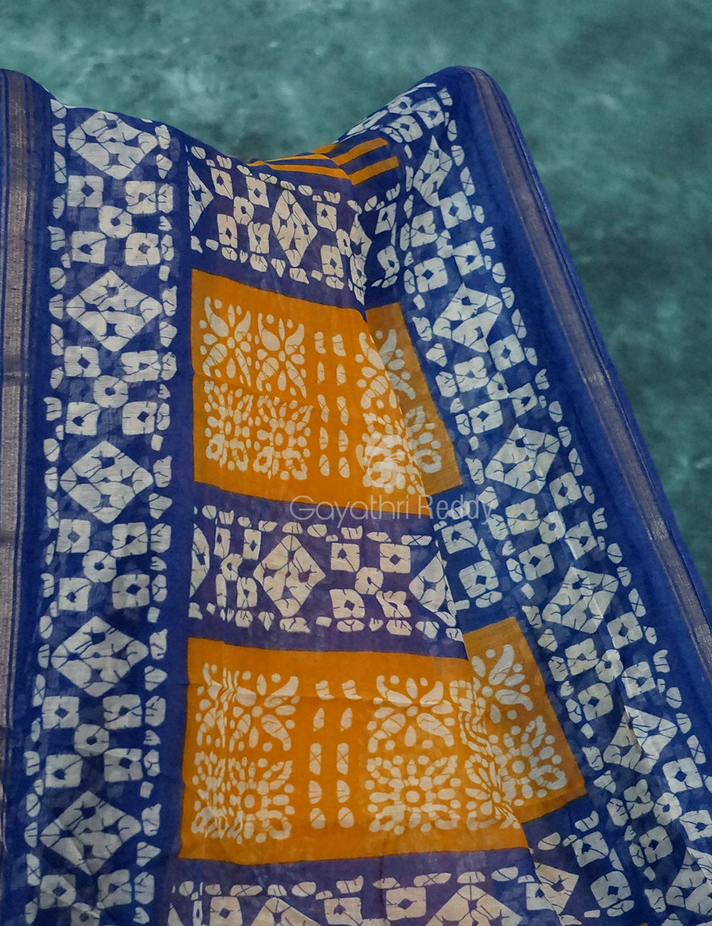Yellow And Dark Ink Blue Colour Bathik Print Semi Chanderi Saree By Gayathri Reddy Designer Studio