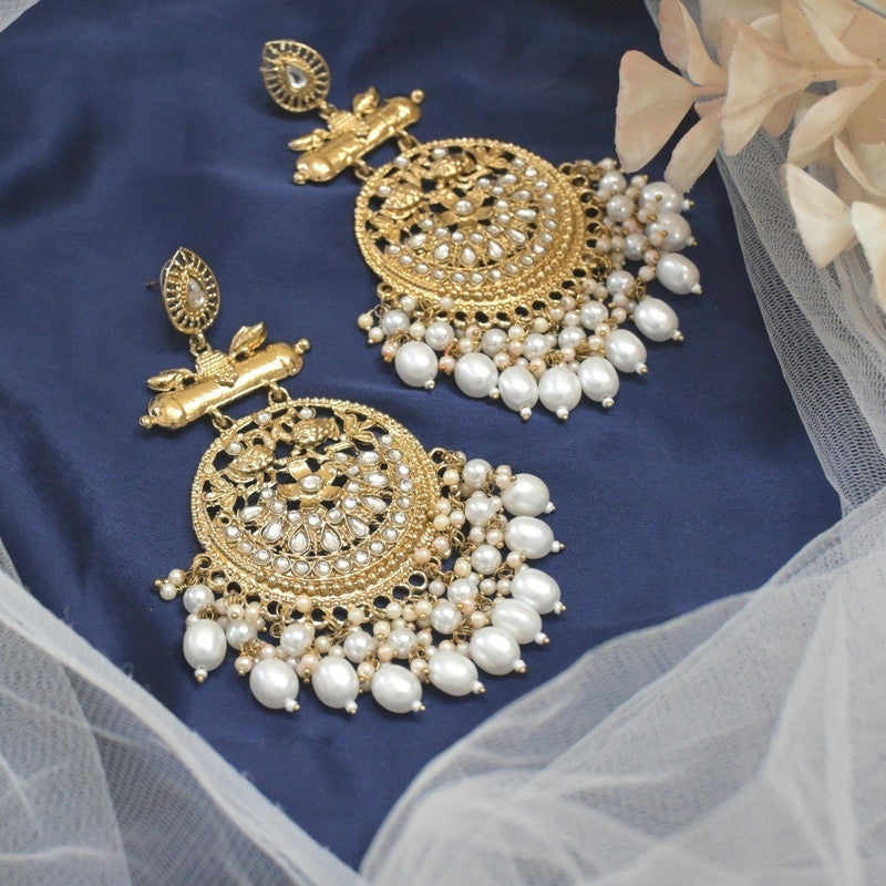 Tehzeeb Creations Traditional Gold-Polished White Kundan Pearl Drop Chandbali Earring For Women/Girls