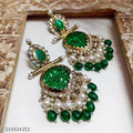 Tehzeeb Creations Latest Gold Polish Kundan & Pearl Studded Designer Drop Long Earrings For Women And Girls Green