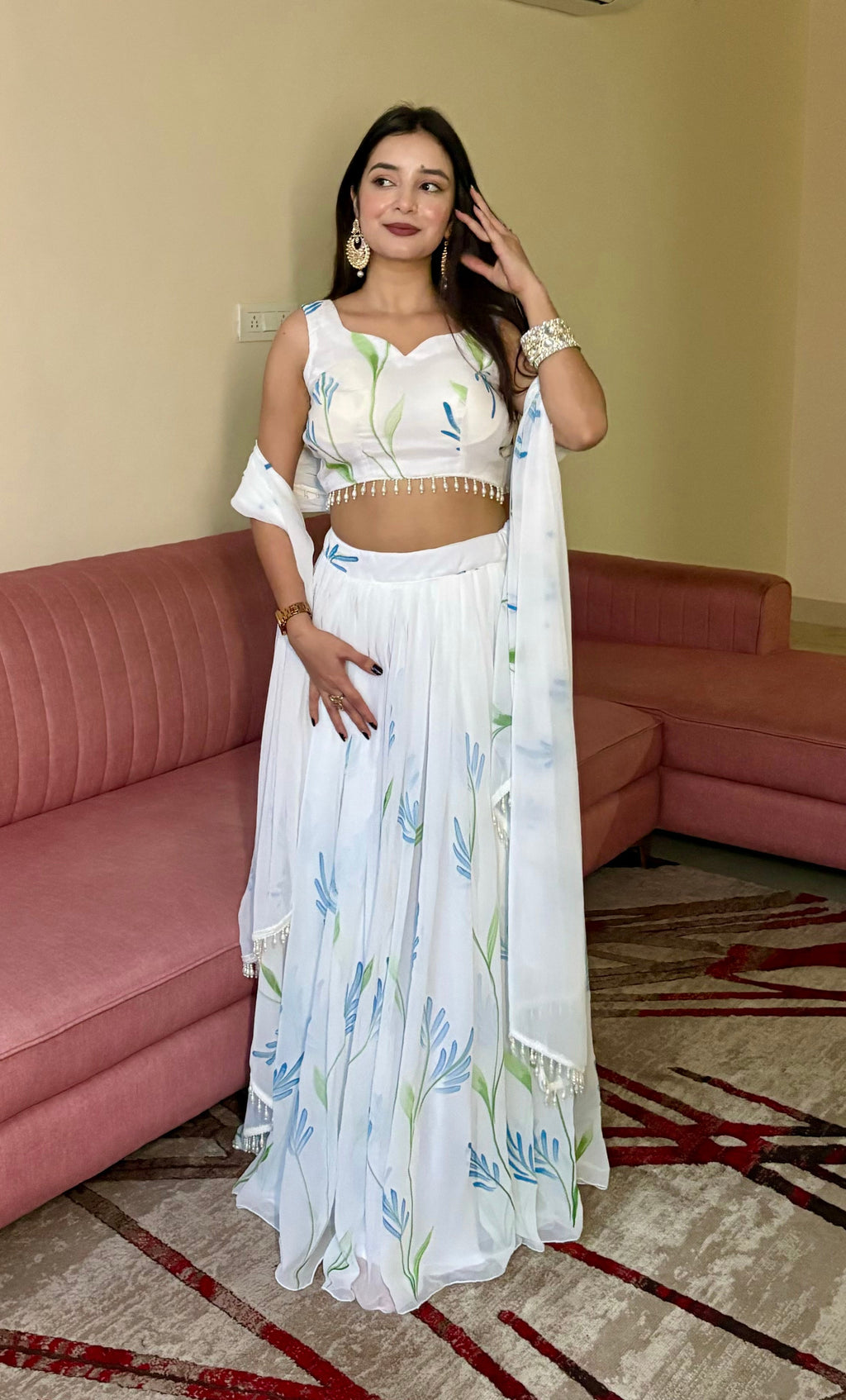 Lorenvalley Fashion White Georgette with Hand-painted Floral Design Lehenga Choli with Dupatta