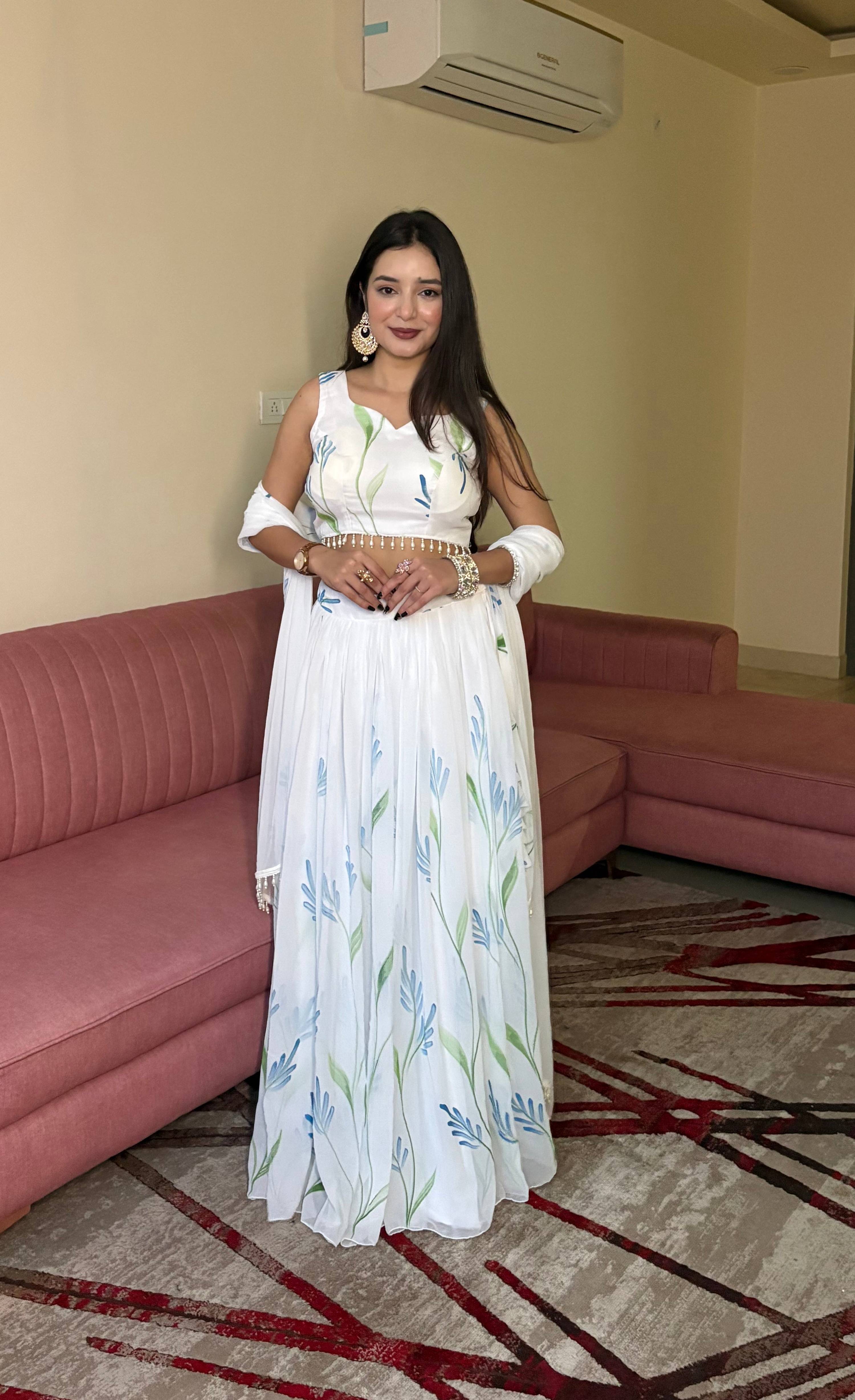 Lorenvalley Fashion White Georgette with Hand-painted Floral Design Lehenga Choli with Dupatta