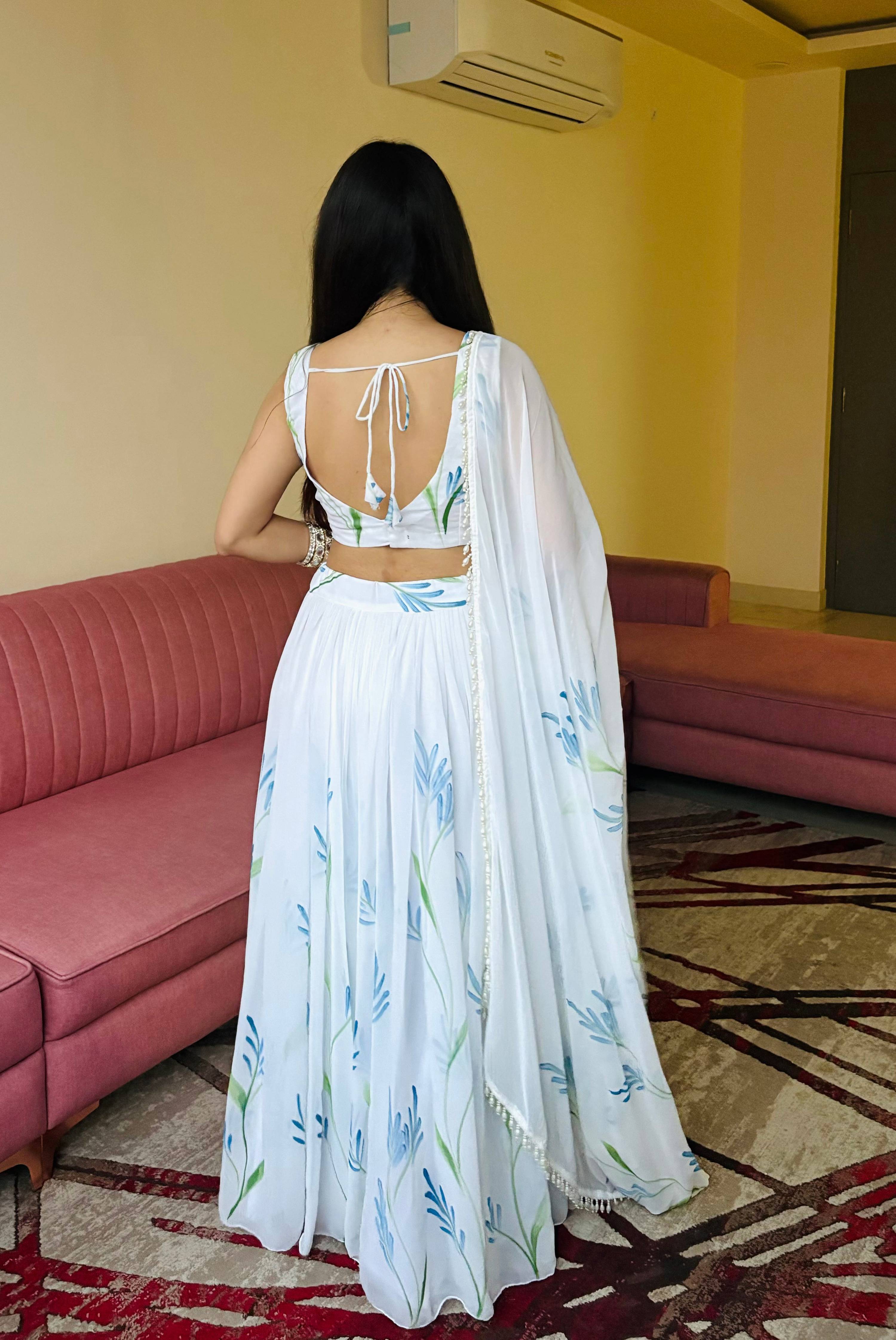 Lorenvalley Fashion White Georgette with Hand-painted Floral Design Lehenga Choli with Dupatta