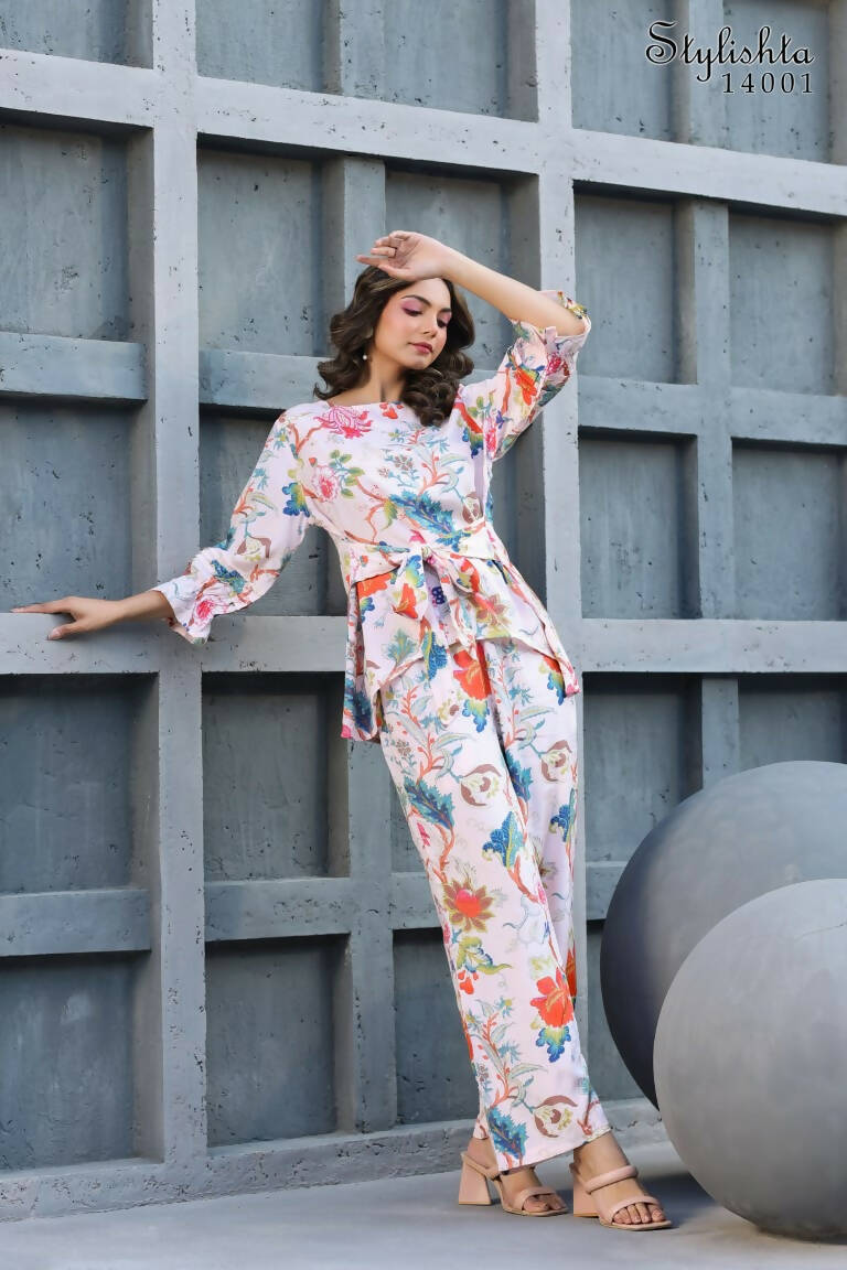 Women's Partywear Designer White & Multi Muslin co-ord set - Stylishta