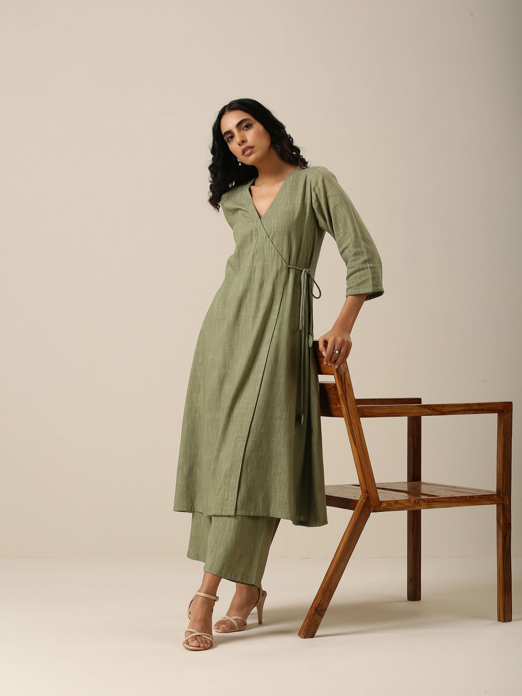 trueBrowns Sage Slub Texture Angrakha Pant Set