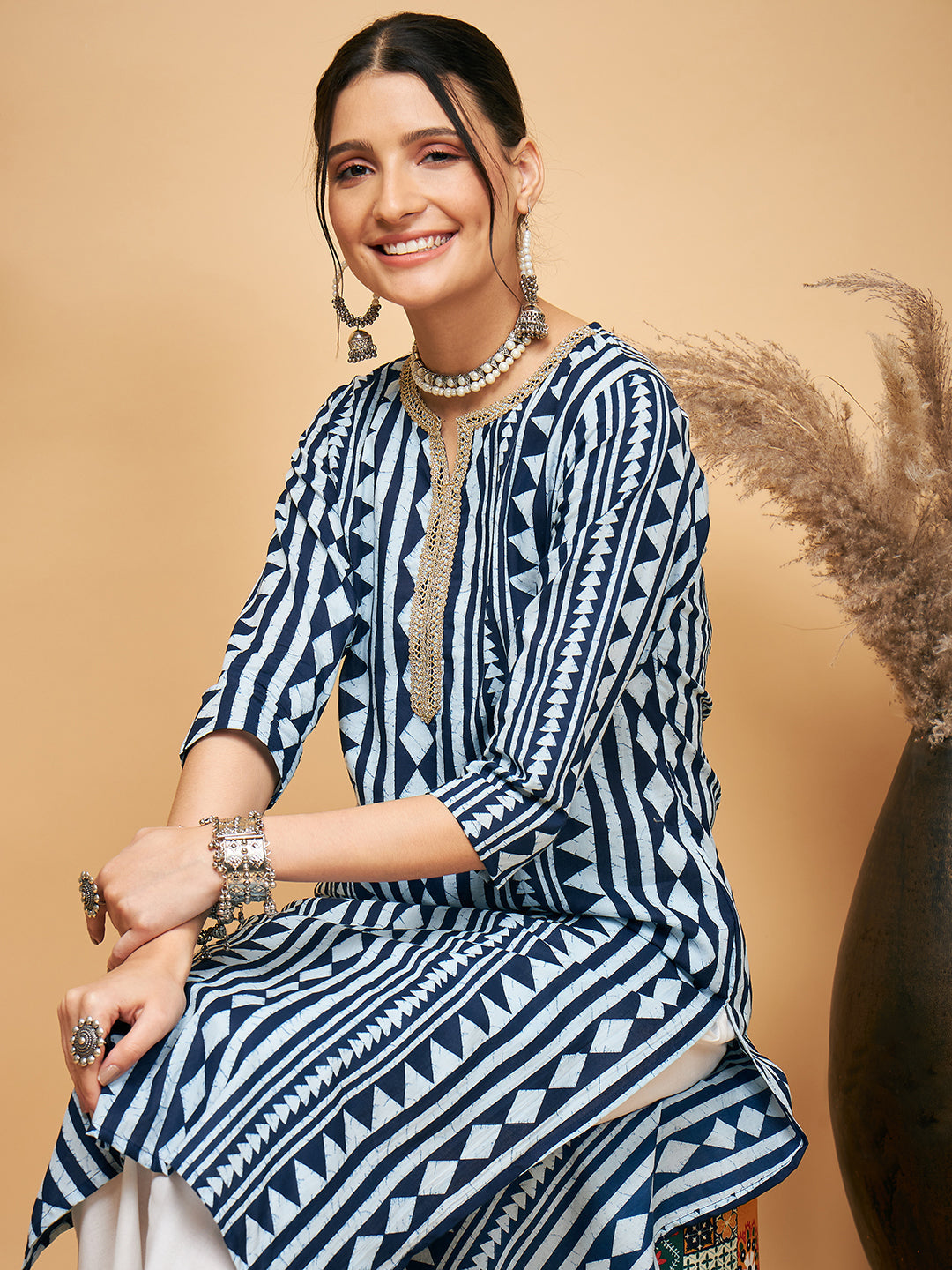 InWeave Women's White Navy Stripe Print Gota Straight Kurta Pant Set