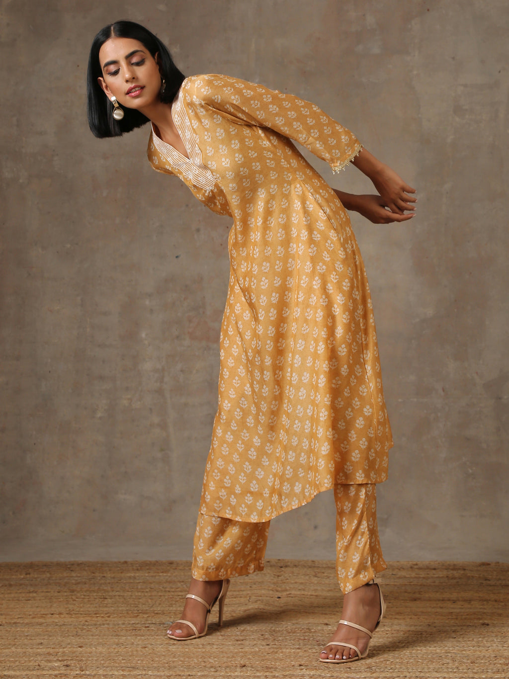 trueBrowns Beige White Flared Printed Silk Kurta Pant Set