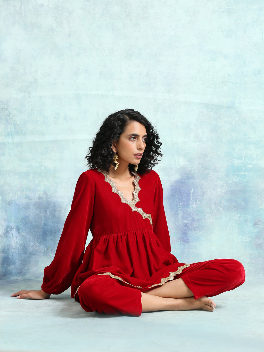trueBrowns True Red Velvet Lace Co-Ord Set