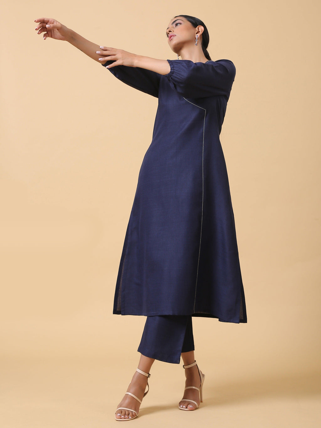 trueBrowns Cotton Linen Dark Blue Kurta Pant Set
