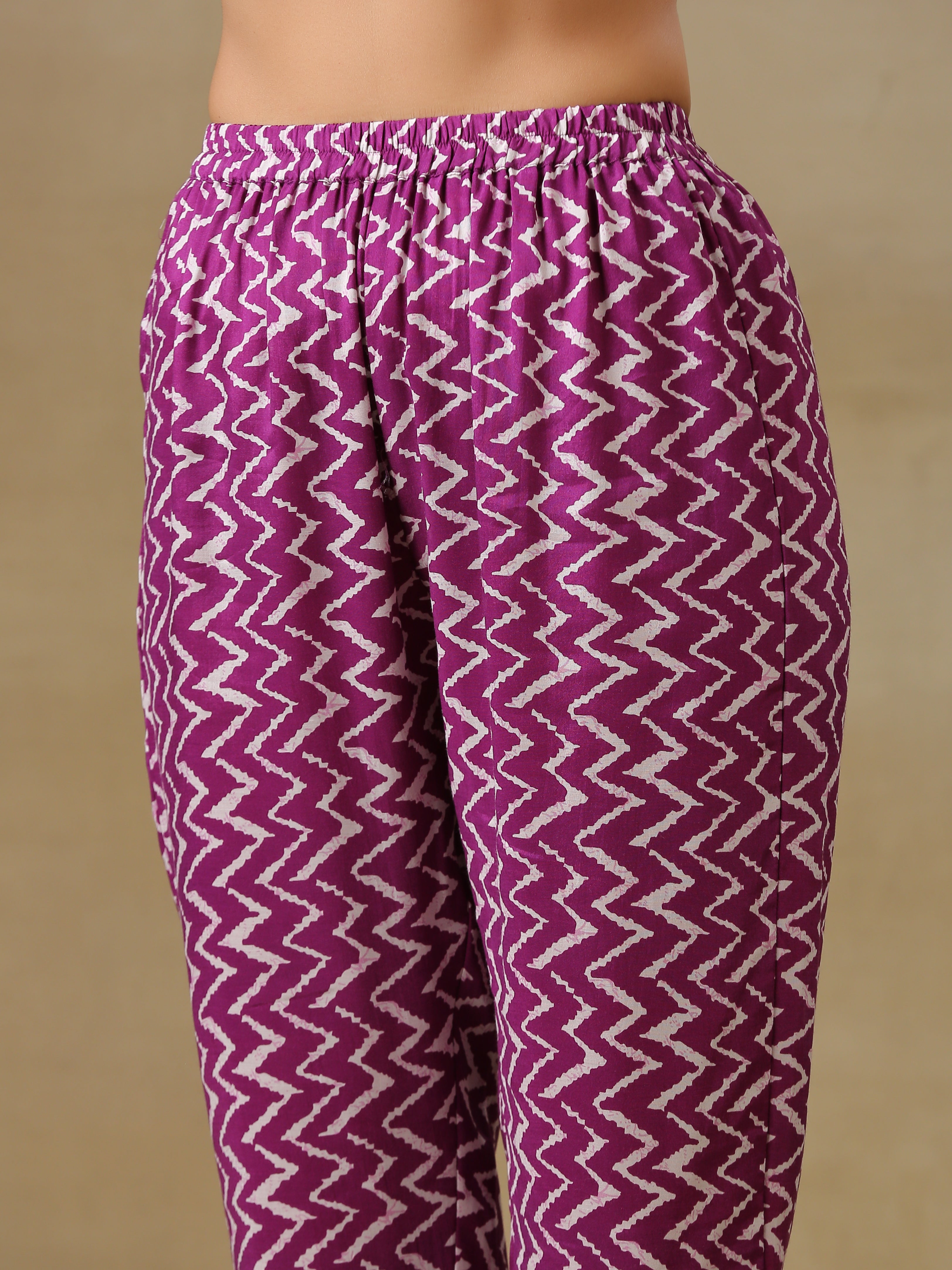 trueBrowns Purple Bandhani Printed Silk One Shoulder Kurta Pant Set