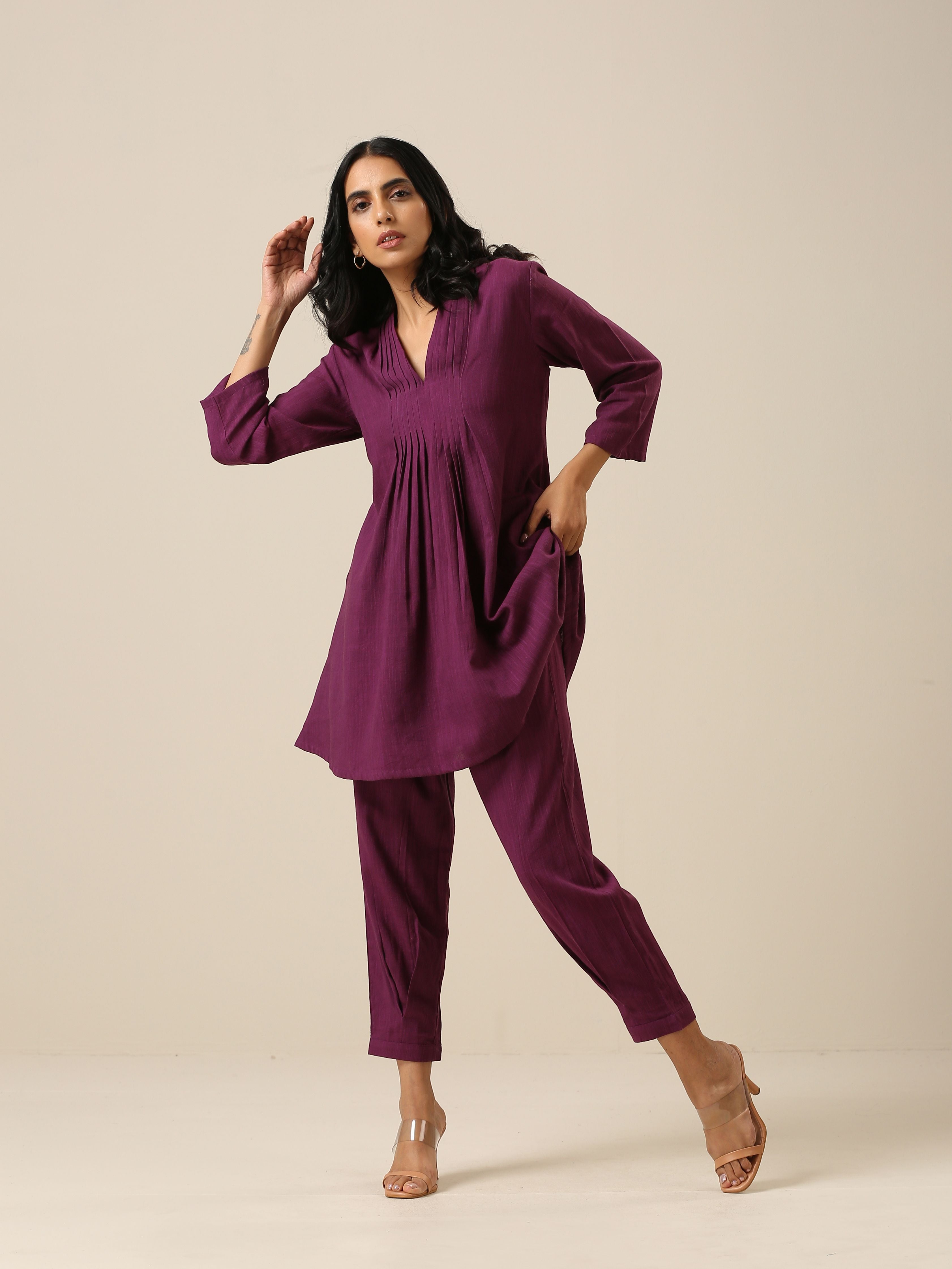 trueBrowns Plum Purple Slub Texture Pleated Co-Ord Set