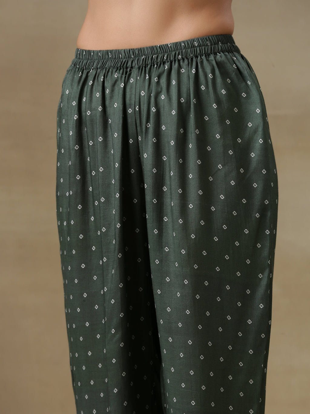 trueBrowns Dark Green Bandhani Printed Silk Angrakha Kurta Pant Set