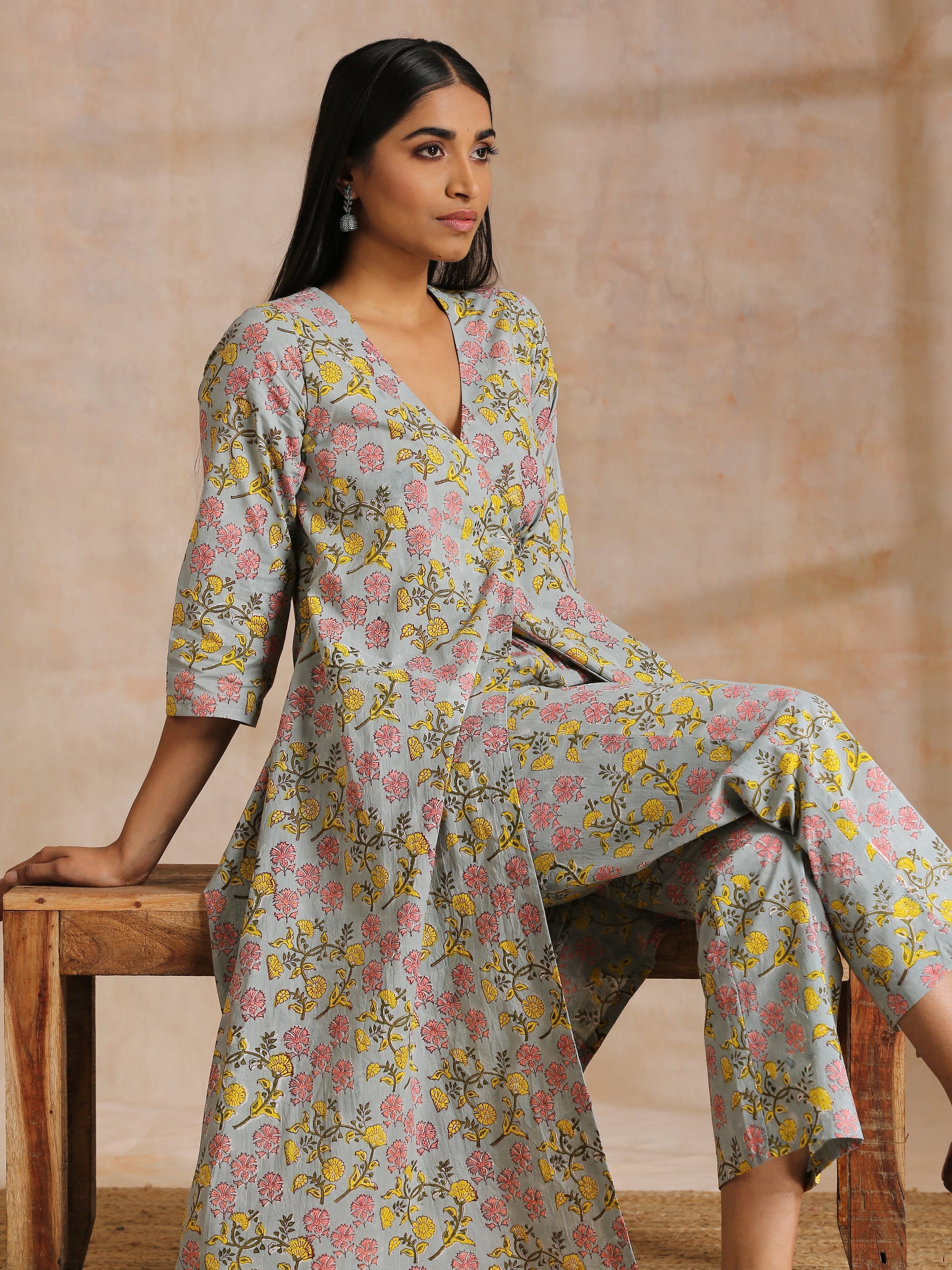 trueBrowns Grey Overall Floral Block Print Cotton Angrakha Kurta Pant Set