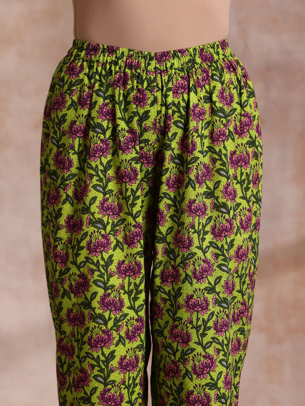 trueBrowns Lime Green Overall Pink Floral Block Print Cotton Flared Kurta Pant Set