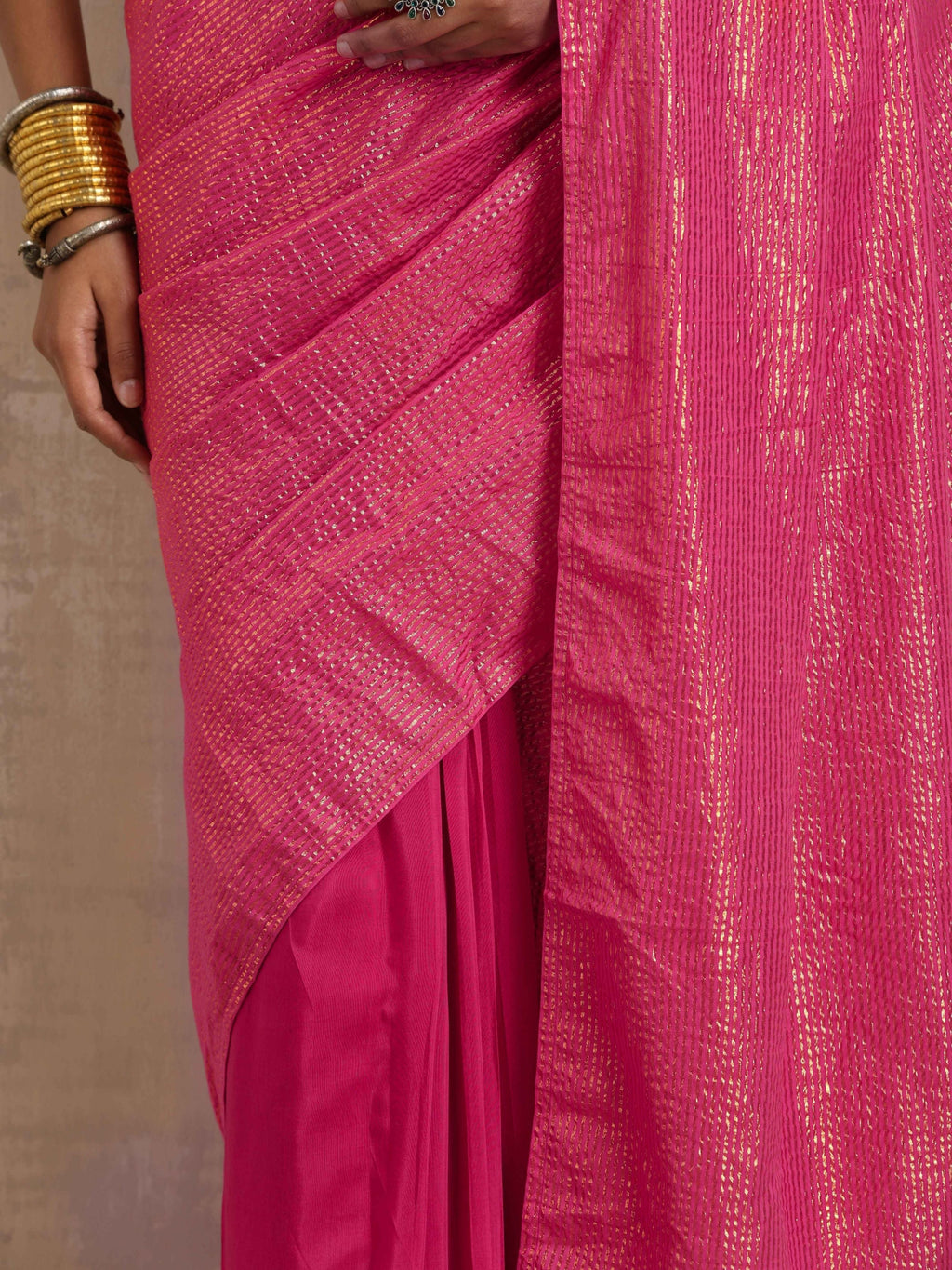 trueBrowns Pink Gold Lurex Ready To Wear Saree