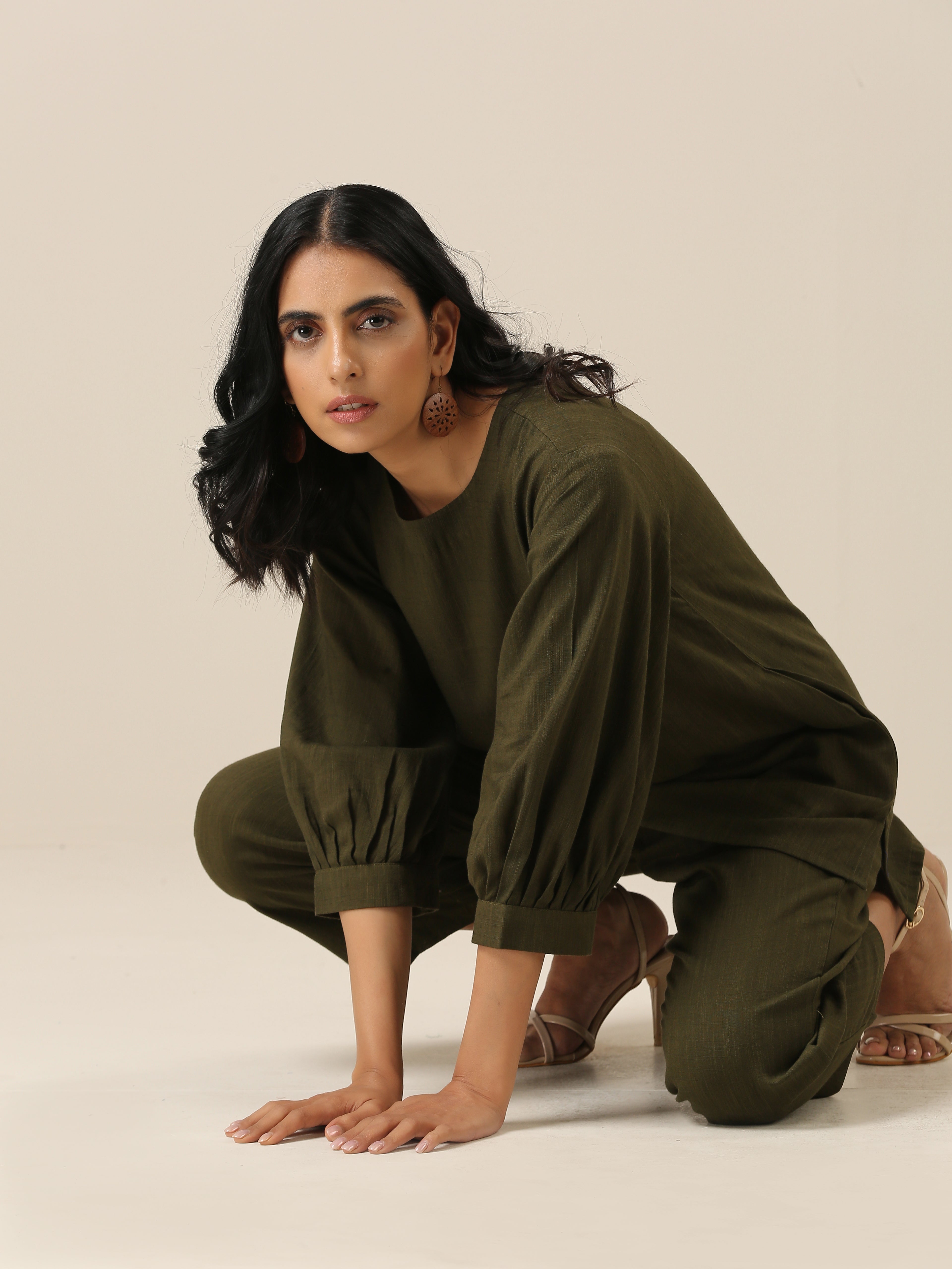 trueBrowns Olive Green Slub Texture Baggy Sleeve Co-Ord Set