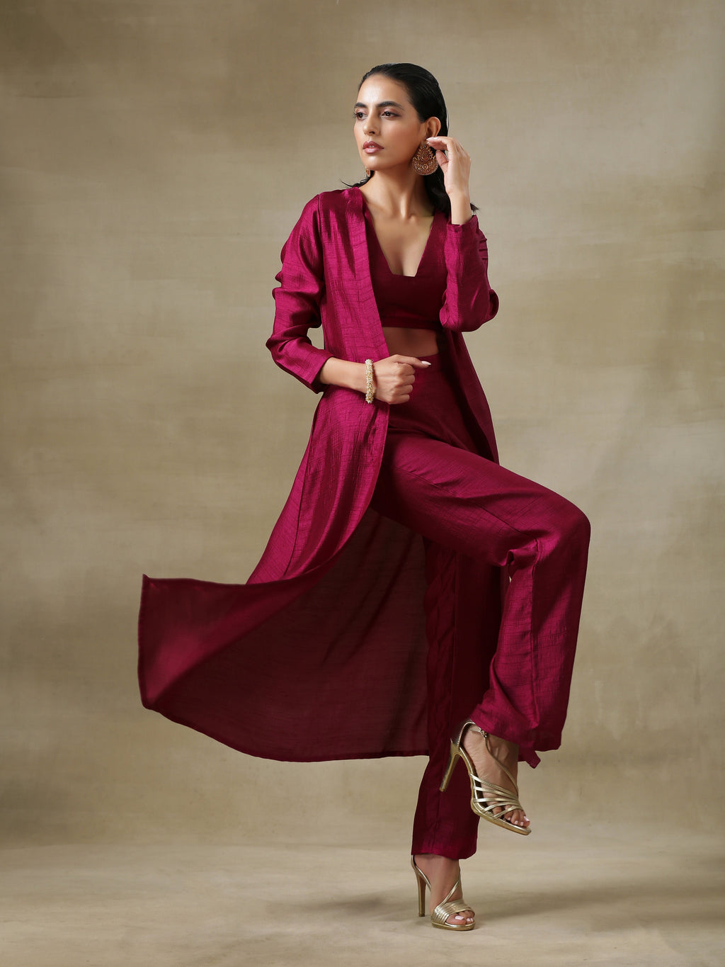 trueBrowns Purple Textured Silk Overlay Jacket Blouse Pant Set