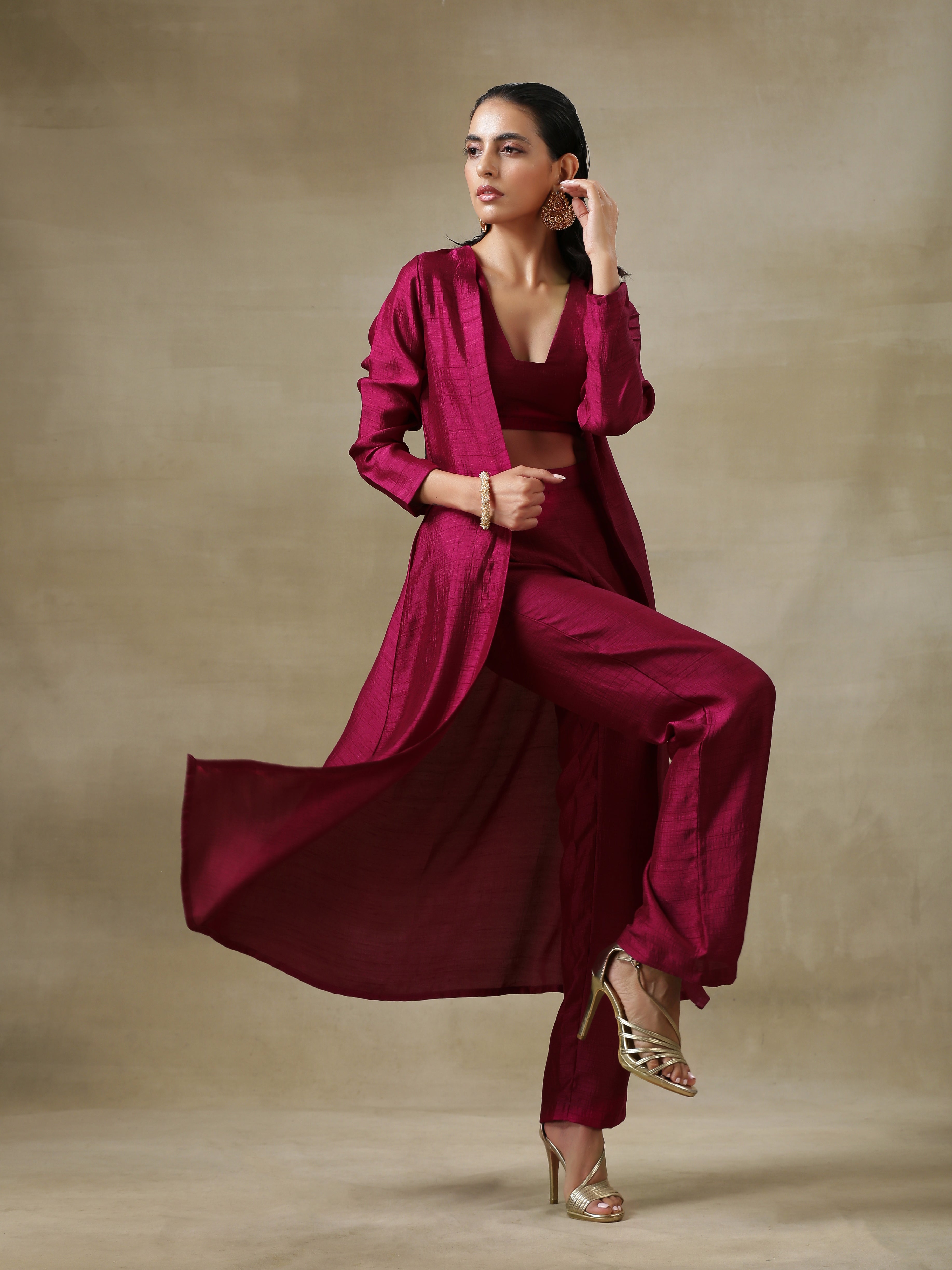 trueBrowns Purple Textured Silk Overlay Jacket Blouse Pant Set