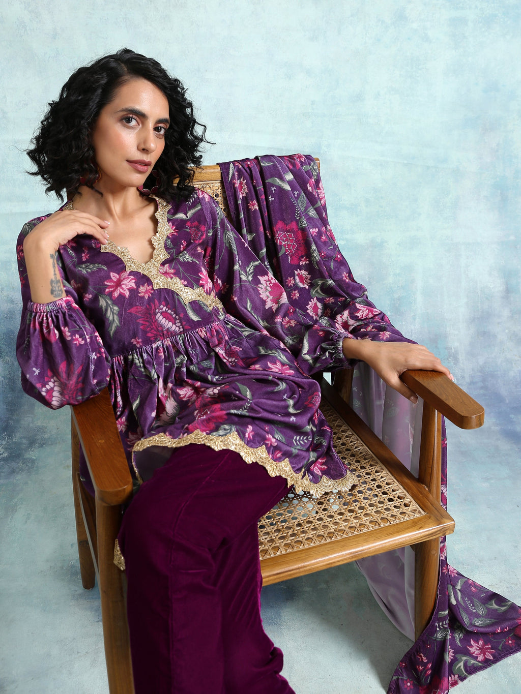 trueBrowns Wine Printed Velvet Lace Co-Ord Set
