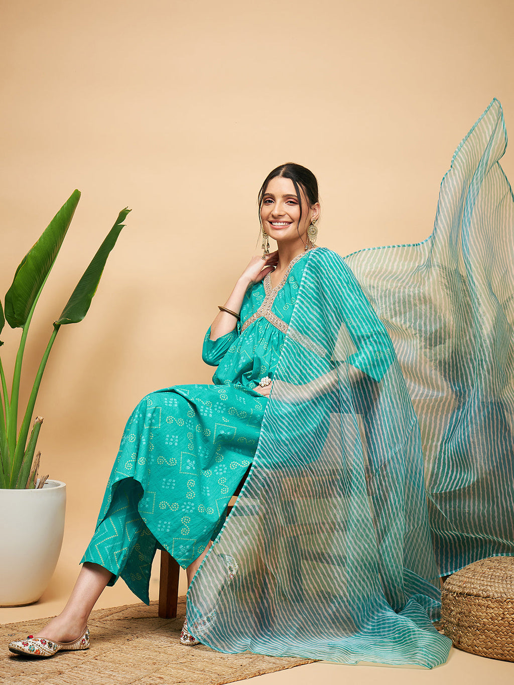 InWeave Women's Aqua S Print Alia Cut Gota Work Kurta Set W Aqua Le Du