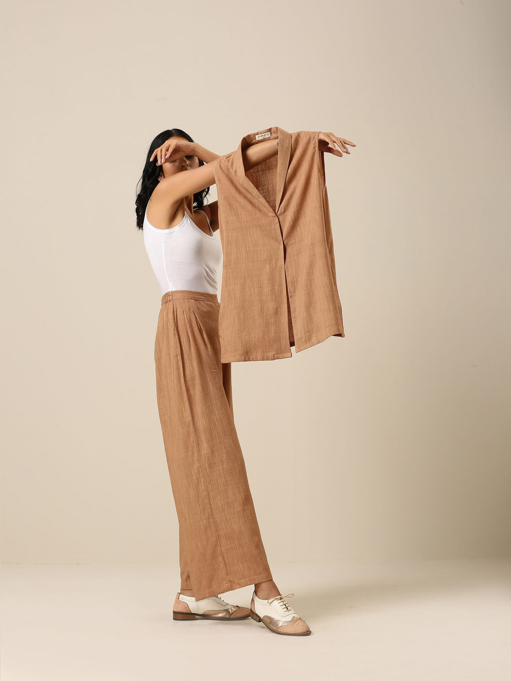 trueBrowns Beige Slub Texture Sleevesless Jacket Pant Set