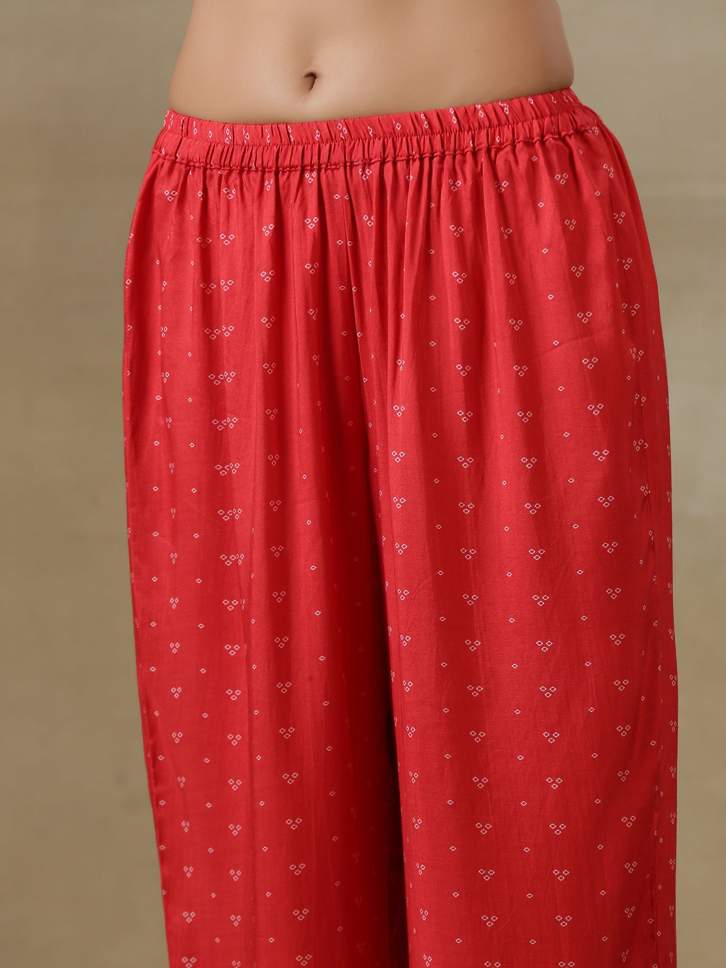 trueBrowns Red Bandhani Printed Silk Panel Kaftan Kurta Pant Set