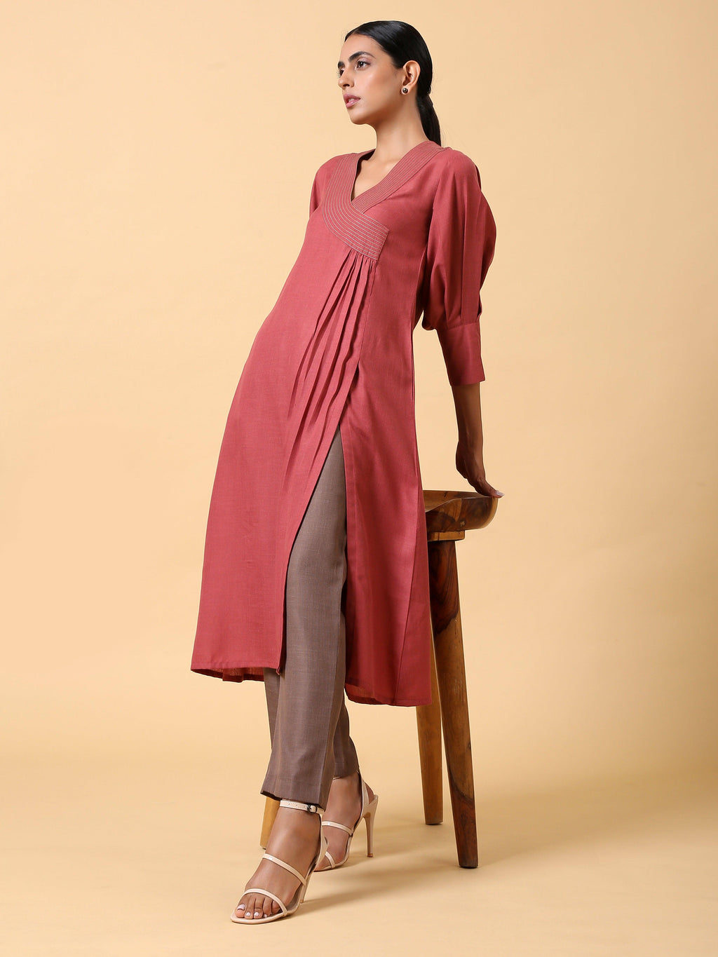 trueBrowns Cotton Linen Rust Red Kurta Pant Set
