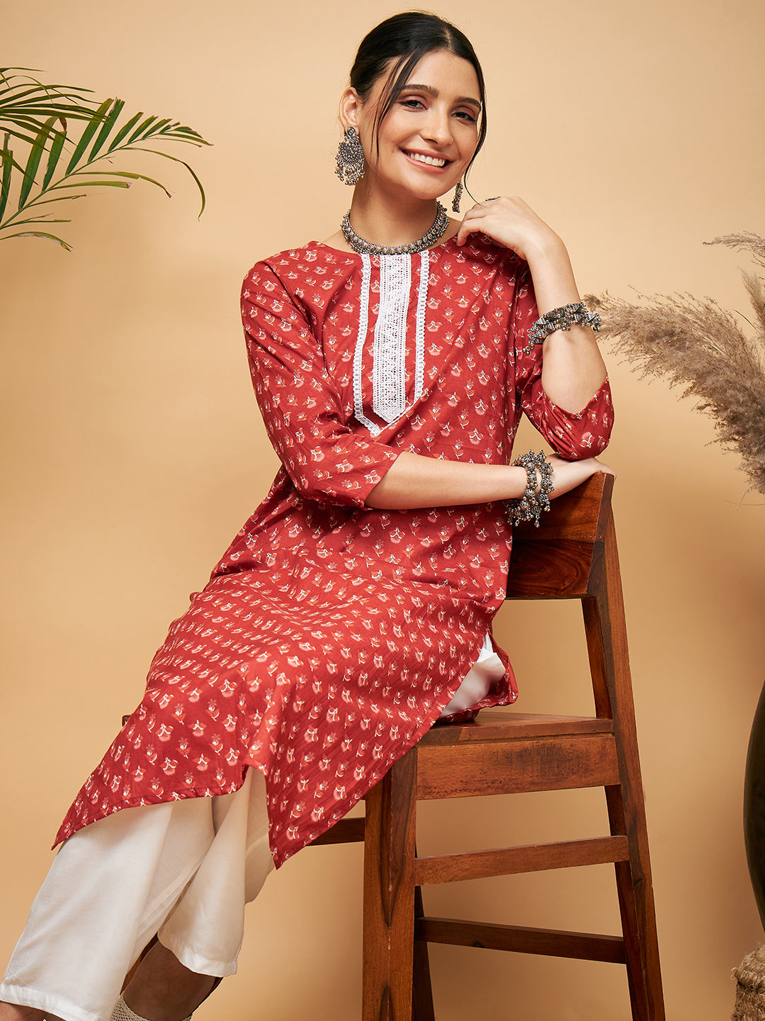 InWeave Women's Rust Small Floral Print Lace Straight Kurta Pant Set
