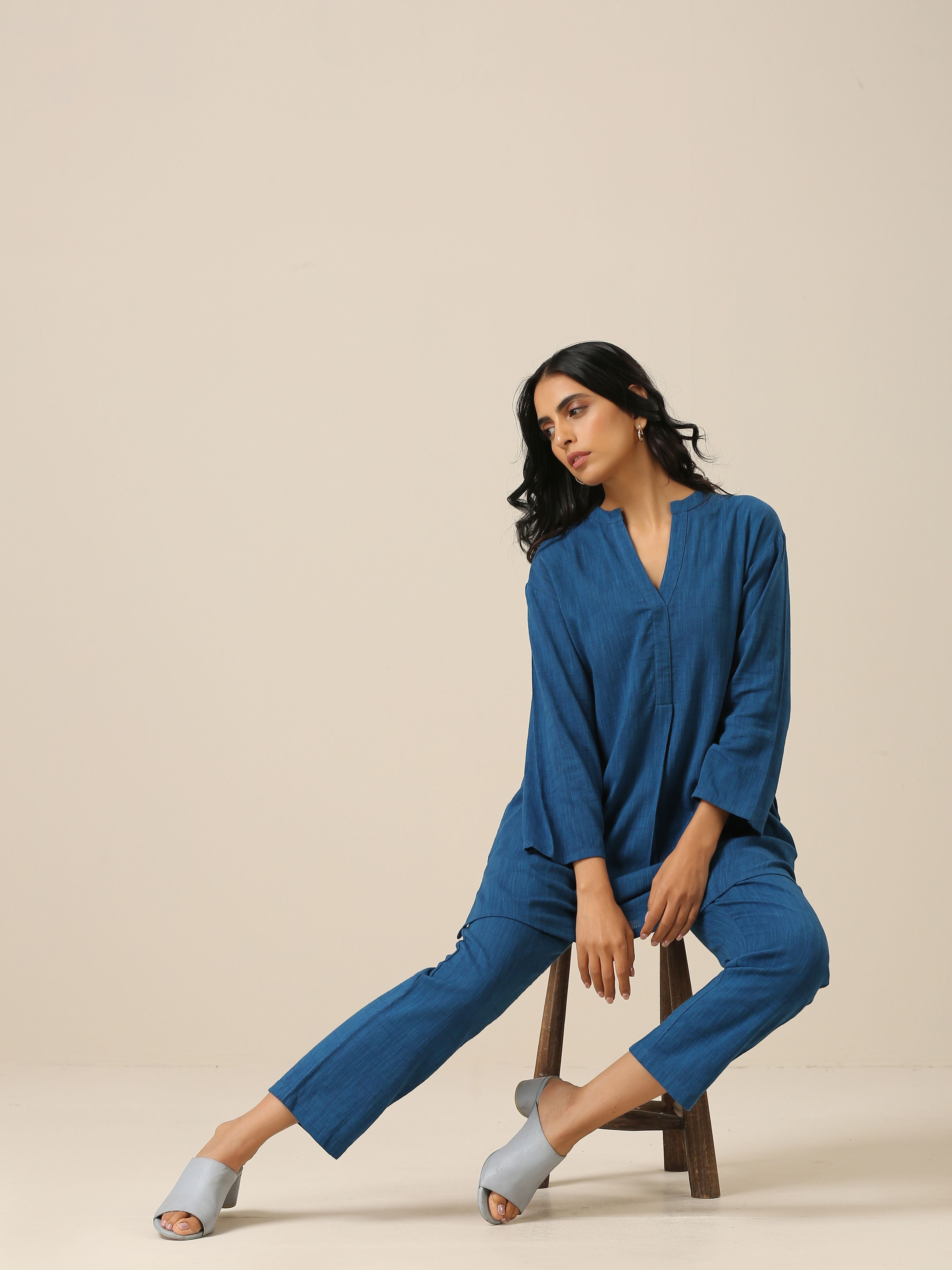 trueBrowns Classic Blue Slub Texture Relax Fit Co-Ord Set