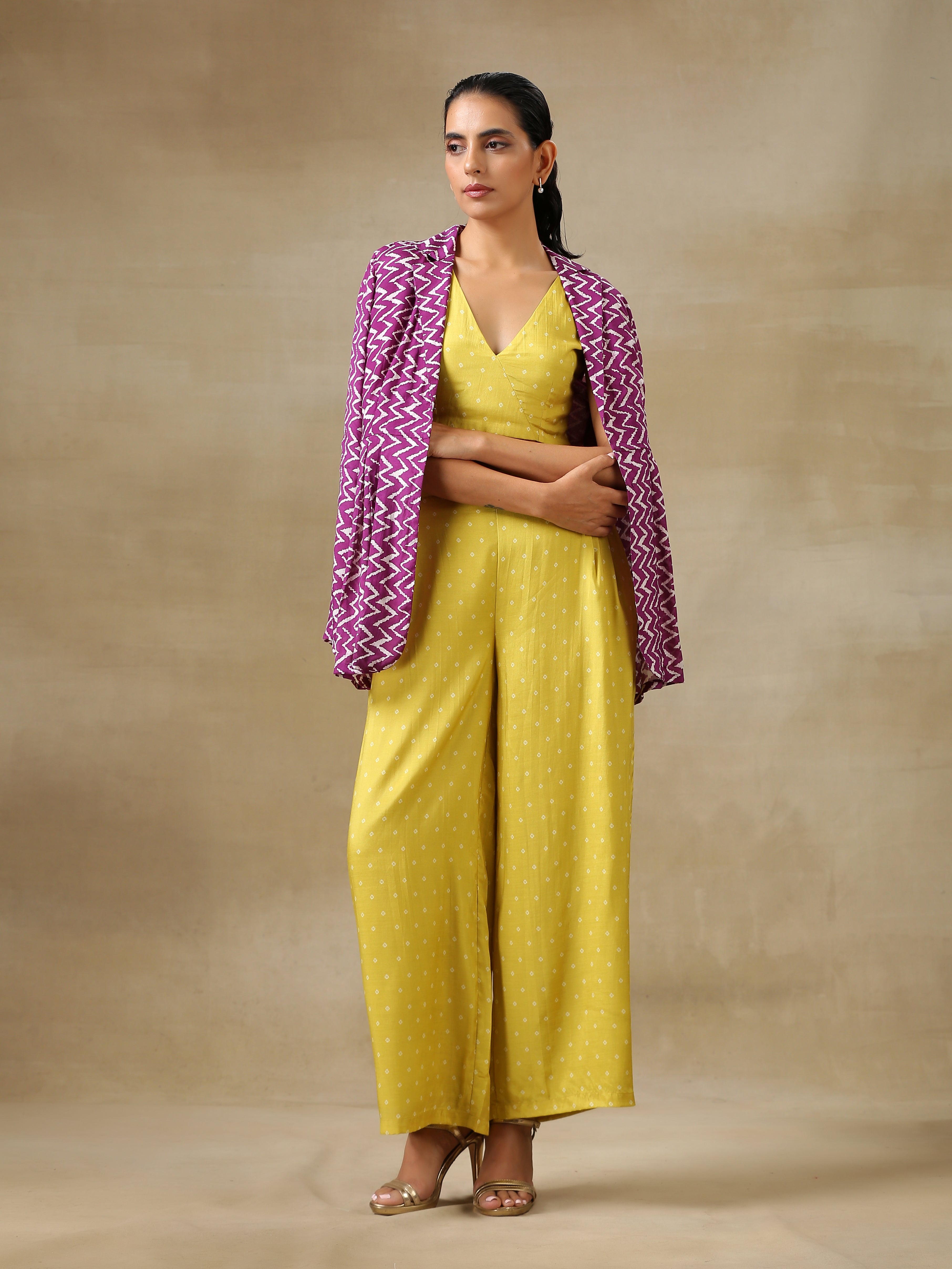 trueBrowns Lime Green Bandhani Printed Silk Top Pant with Purple Printed Jacket Set
