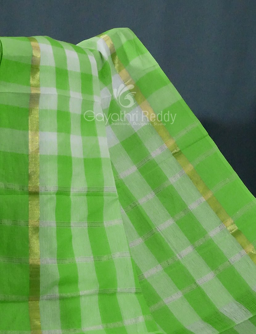 Cream And Neon Green With Checks Pure Mangalgiri Cotton Saree By Gayathri Reddy Designer Studio