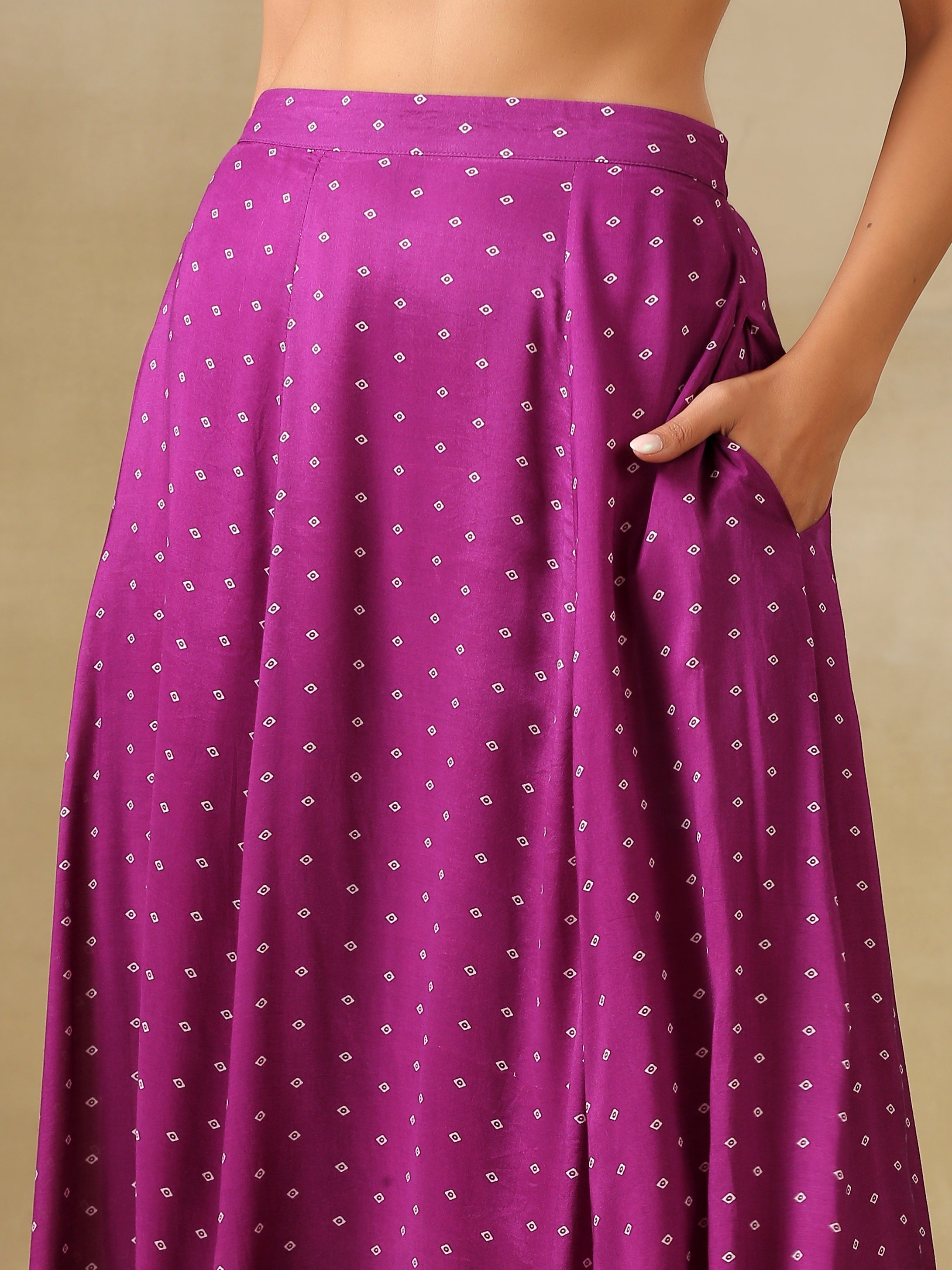 trueBrowns Purple Bandhani Printed Silk Top Skirt Jacket Set