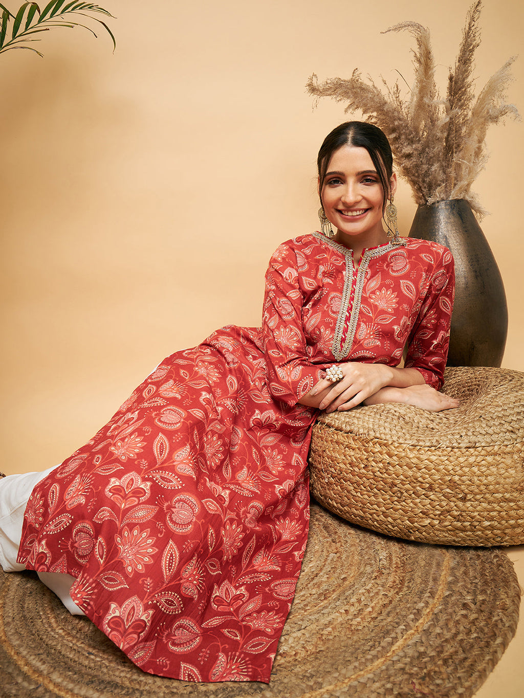 InWeave Women's Rust Paisley Print Gota Straight Kurta