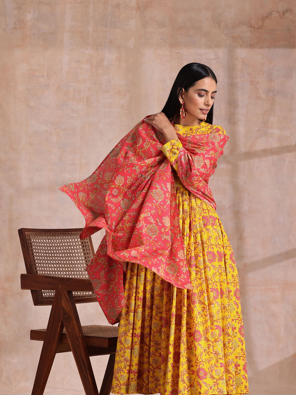 trueBrowns Sunshine Yellow Overall Floral Block Print Cotton Kurta Pant Dupatta Set