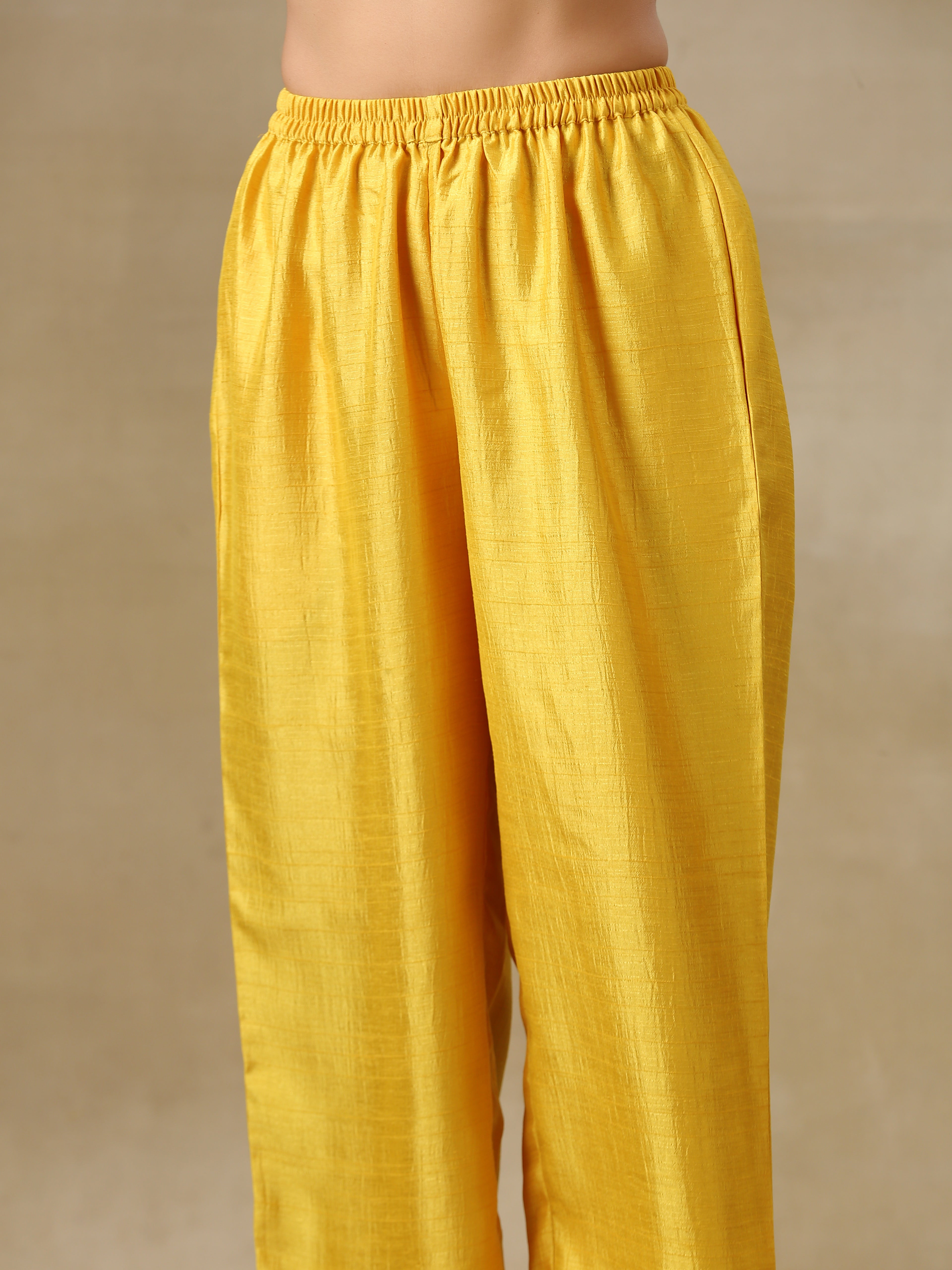 trueBrowns Yellow Textured Silk High Slit Gathered Kurta Set
