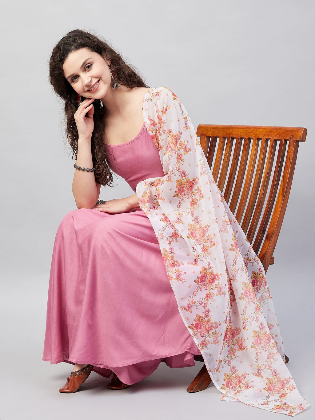 InWeave Women's Light Pink Strappy Set W Cream Orange Print Ge Dupatta