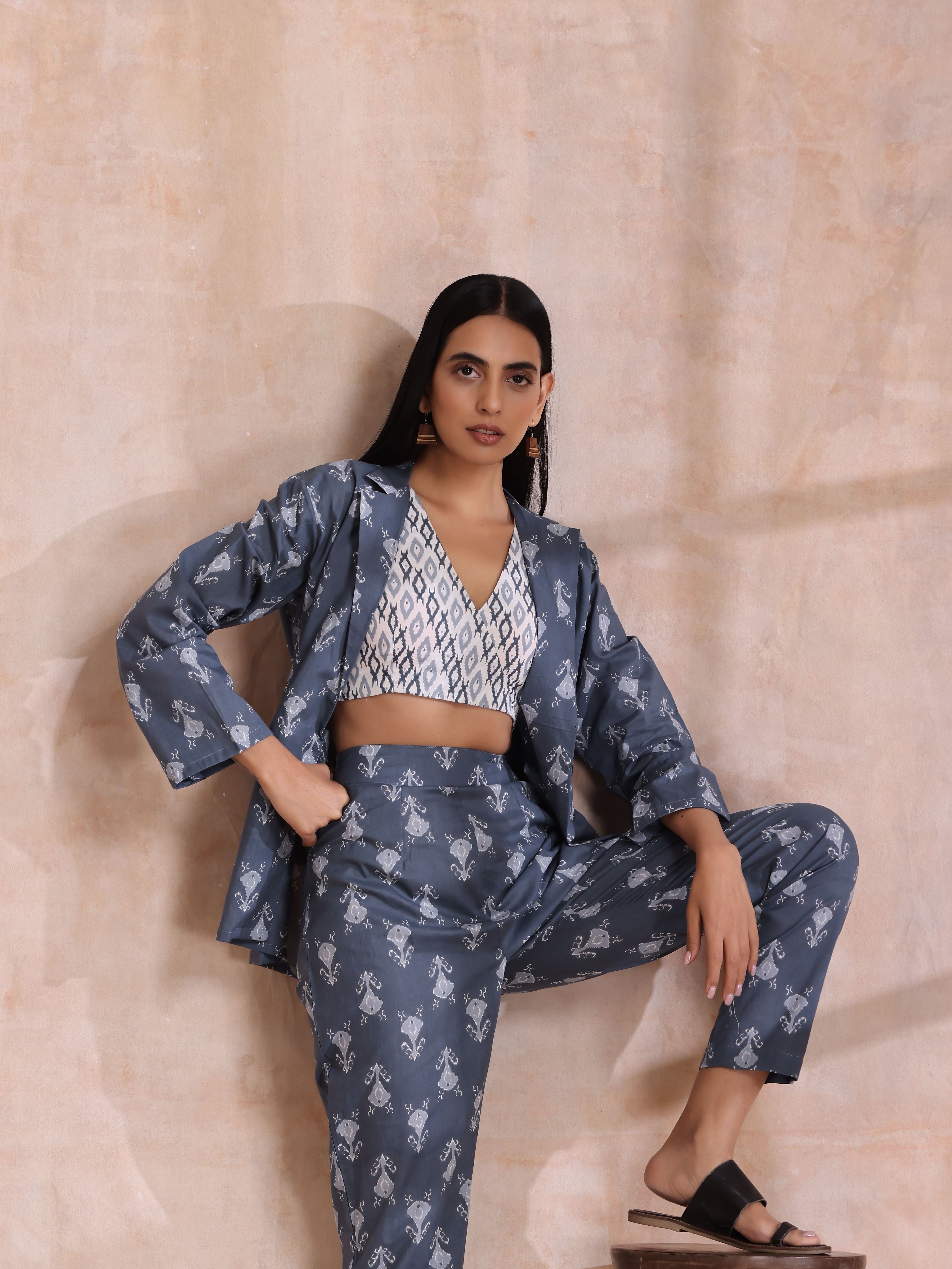 trueBrowns Grey On Grey Ikat Print Cotton Pant Suit Set
