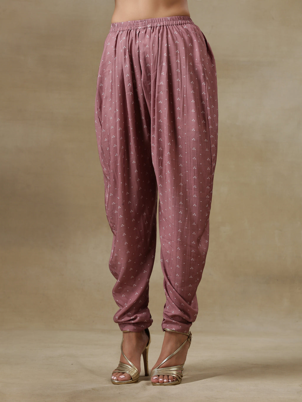trueBrowns Dark Mauve Bandhani Printed Silk Loose Kurta Dhoti Pant Set