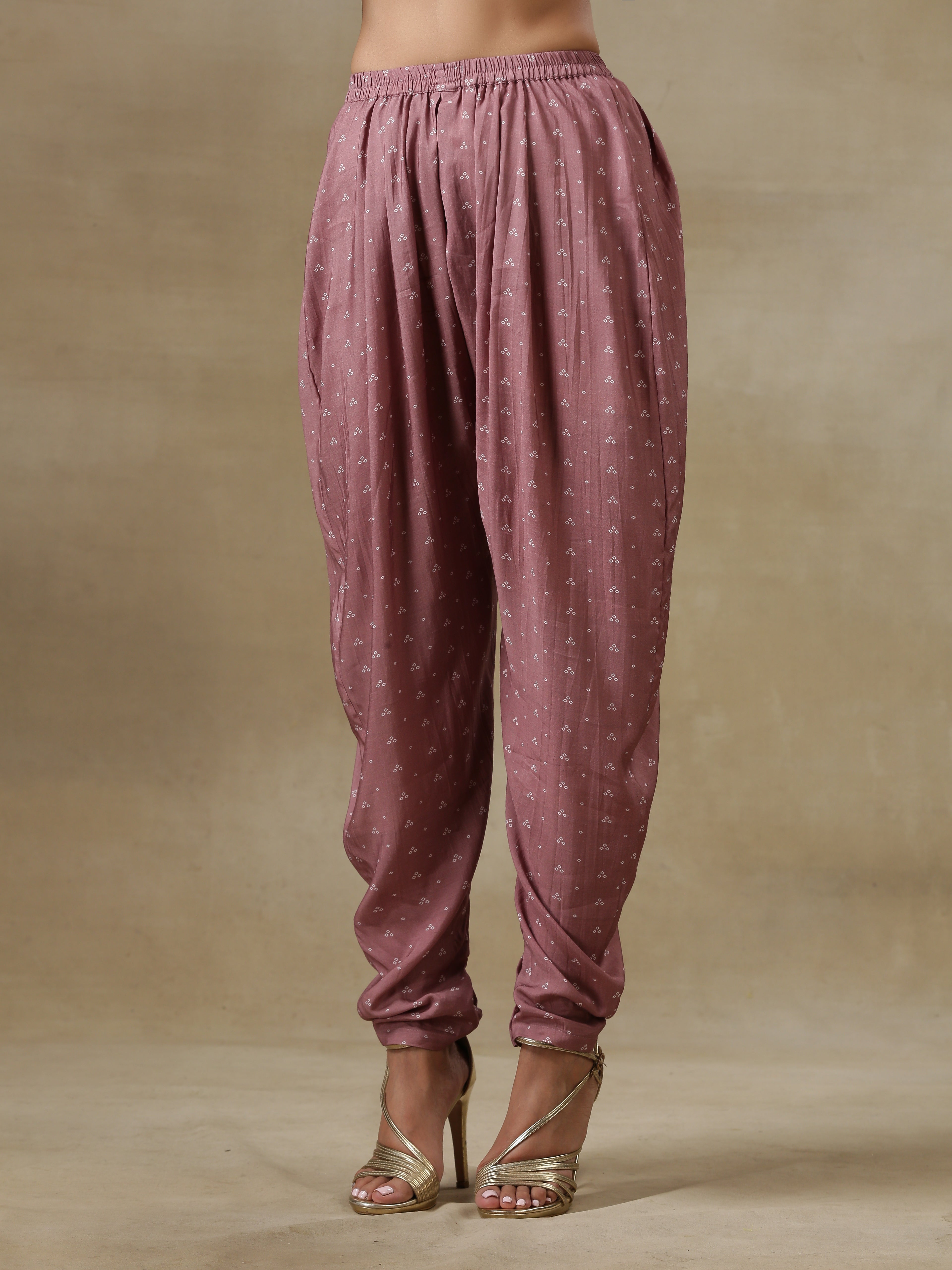 trueBrowns Dark Mauve Bandhani Printed Silk Loose Kurta Dhoti Pant Set