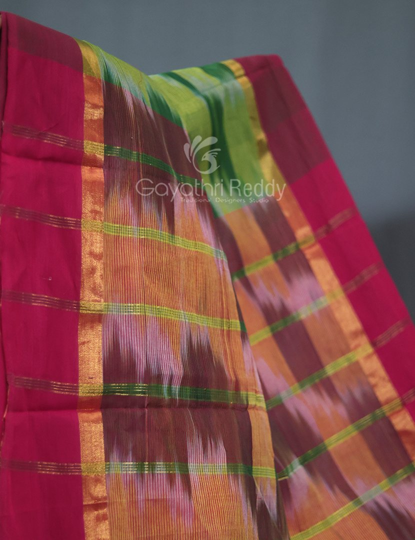 Dual Shades of Parrot Green And Mango Green Mangalagiri Ikkat Cotton Saree By Gayathri Reddy Designer Studio