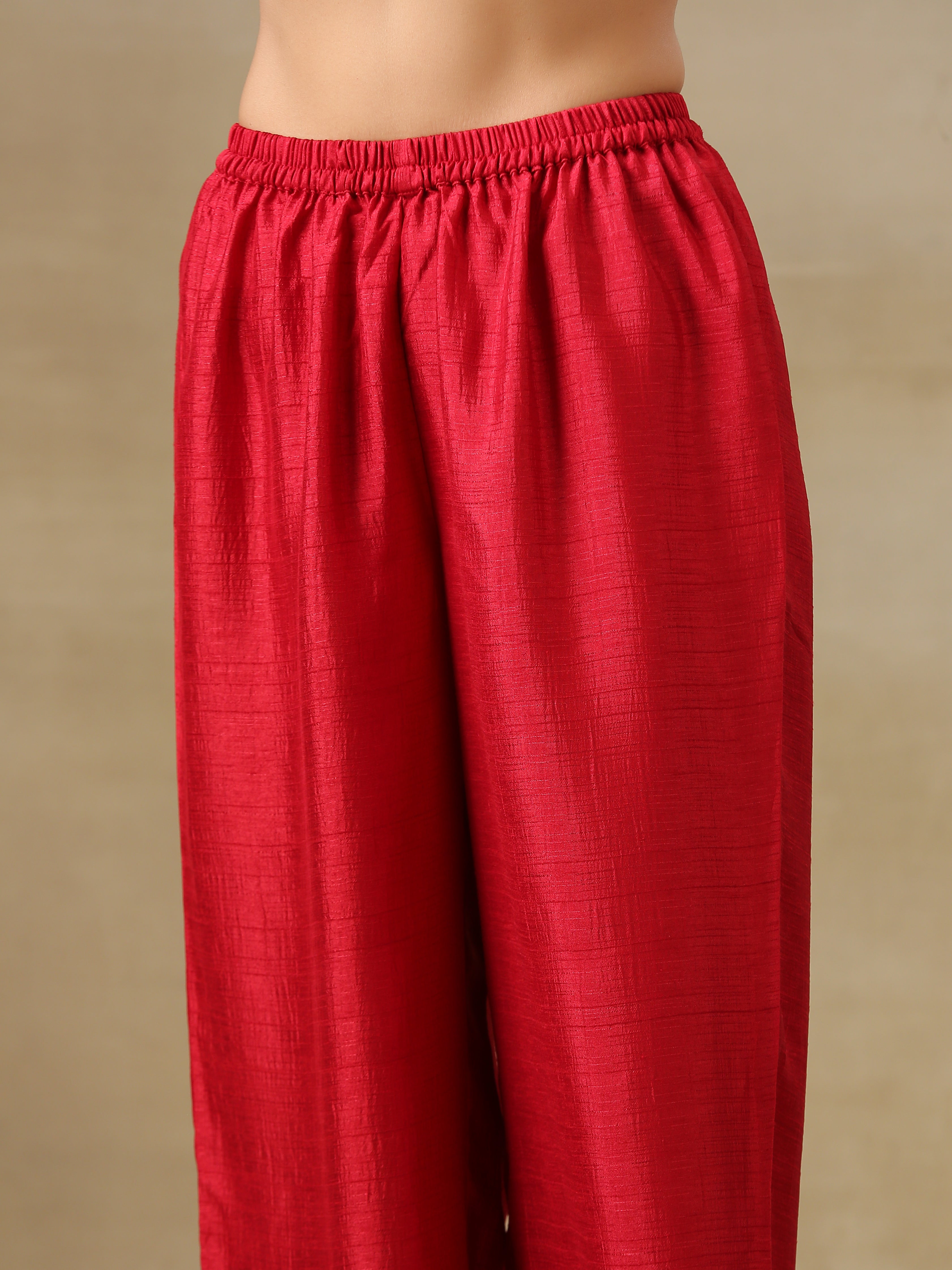 trueBrowns Maroon Textured Silk Front Slit Kurta Pant Set