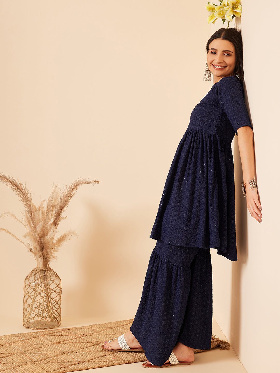 InWeave Women's Royal Blue Chikankari Kurta Set With Sharara