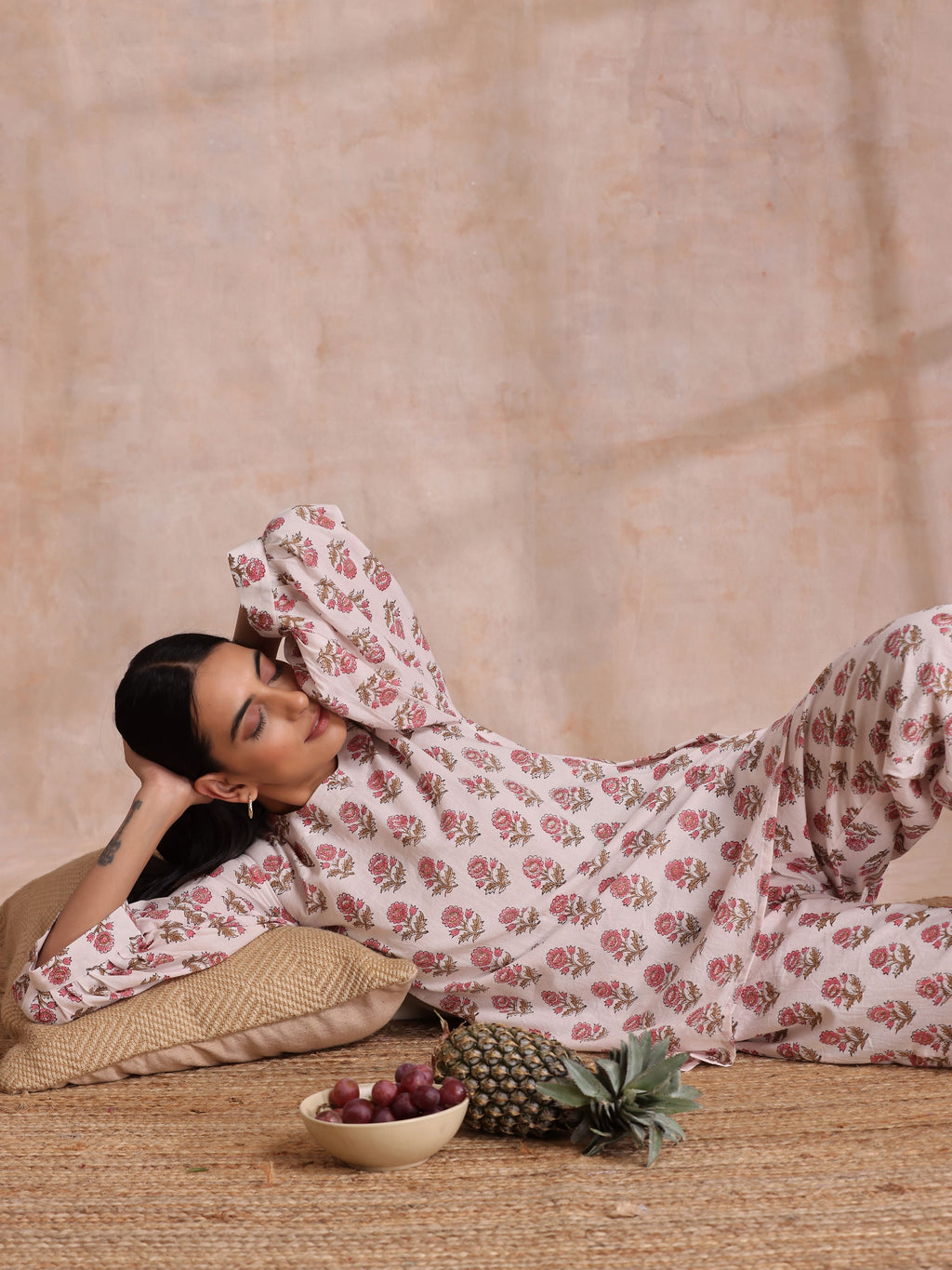 trueBrowns Pink Brown Buta On White Block Print Cotton Baggy Sleeve Co-Ord Set