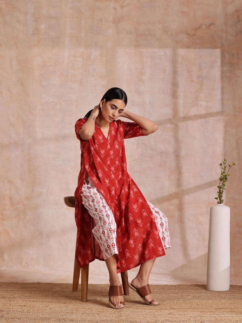 trueBrowns Red On Red Ikat Print Cotton Kurta Pant Set